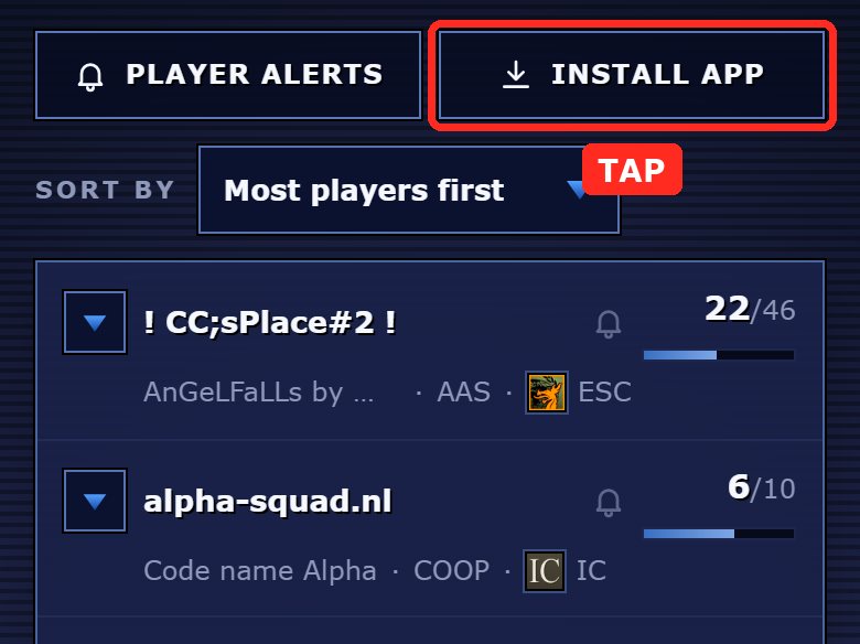 The server list on a phone: the INSTALL APP button at the top is marked