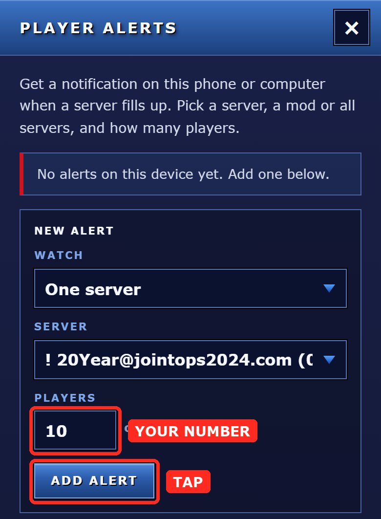 The Player alerts window: the number field with 10 and the ADD ALERT button are marked