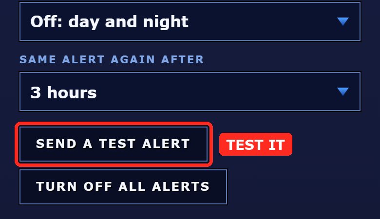 The SEND A TEST ALERT button is marked, below it TURN OFF ALL ALERTS
