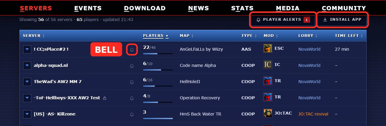 The server list on a PC: the PLAYER ALERTS and INSTALL APP buttons and a bell are marked